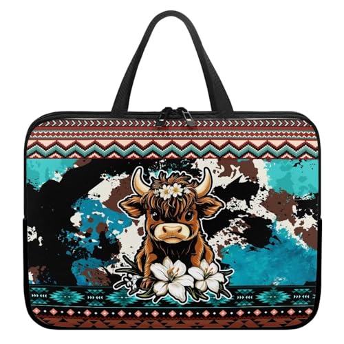 Aztec Lily Floral Highland Cow Print Laptop Sleeve Case with Handle Computer Cover Compatible with 10-17 Inch Tablet for Women Men 360° Protective Carrying Bag Briefcase, 15inch - color: Aztec Lily Floral Highland Cow, size: 15inch