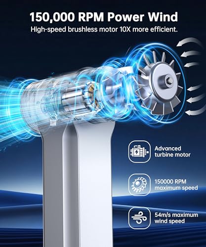 Compressed Air Duster-150000RPM Metal Electric Air Blower with LED Light and Stepless Speed Regulation, USB Rechargeable Mini Portable Cordless Motor Air Blower for Computer,Keyboard, House and Car