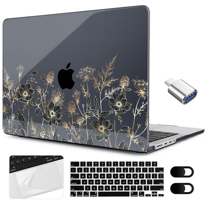 MEEgoodo Compatible with MacBook Pro 14 inch Case (M5/M4/M3/M2/M1) Pro/Max 2026 2025 2024 2023 2021, Case Fit Model A3427/A3426/A3434/A3112/A3401/A3185/A2918/A2992/A2779/A2442, Golden Flowers & Herbs - color: Golden Flowers & Herbs