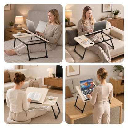 Laptop Bed Desk, 5-Angle Adjustable Bed Laptop Table with Cup Holder | Foldable Laptop Stand for Couch & Sofa, Portable Laptop Tray for Adults Writing Reading Eating, Beige - color: Beige