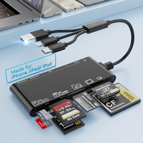 Multi Memory Card Reader, 7-in-3 USB C Lighting USB3.0 Multi Card Reader for SD TF CF XD MS,SD Card Reader Adapter for for Phone/Pad/MacBook/Samsung/PC Plug and Play Read/Write 5Gbps