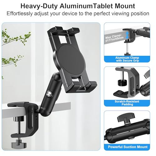iPad Under Cabinet Mount, Kitchen Tablet Holder, iPad Desk Mount with Clamp | Heavy Duty Aluminum Base & Metal Arm, 360° Rotation, Compatible with 4.7"-12.9" iPad Pro/Air/Mini/Kindles/Galaxy Tab/Phones