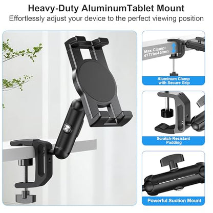 iPad Under Cabinet Mount, Kitchen Tablet Holder, iPad Desk Mount with Clamp | Heavy Duty Aluminum Base & Metal Arm, 360° Rotation, Compatible with 4.7"-12.9" iPad Pro/Air/Mini/Kindles/Galaxy Tab/Phones
