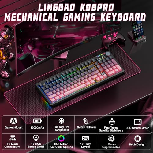 LINGBAO K98 PRO Wireless Mechanical Gaming Keyboard with Screen & Knob | Tri-Mode BT5.0/2.4G/USB-C, Gasket Mount Hot Swappable Linear Switches, RGB Backlit Creamy Sounding for PC/Mac Office& Gaming - color: K98Pro | 10000mAh | Gradient Black Pink