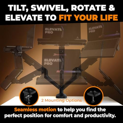 Elevate Pro - Heavy-Duty Standing Laptop Mount for Desk (11"-17.3" - max. 26lbs) Fully Adjustable Gas Spring Arm Stand - Clamp & Grommet Base - Steel Plates for Desk Protection & Stability
