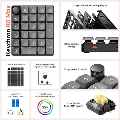 Keychron K0 Max Wireless Low-Profile Number Pad, QMK/VIA Programmable, Hot-Swappable Banana Switch, RGB Backlit, 2.4GHz & Bluetooth 5.3, 1000Hz Polling Rate, with Knob, for Windows/Mac - color: Banana Switch, size: Black