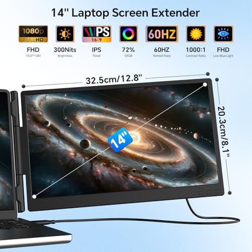 14” Laptop Screen Extender, Ultra-Thin Dual Portable Monitor for Laptop, 1080P FHD IPS Display, USB-C Plug & Play Extended Screen for Mac/Windows/Chrome, Fit 13-17.3” Laptops
