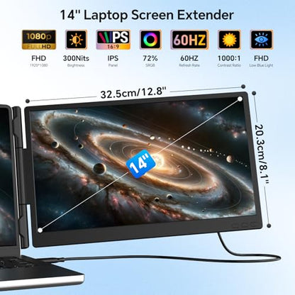 14” Laptop Screen Extender, Ultra-Thin Dual Portable Monitor for Laptop, 1080P FHD IPS Display, USB-C Plug & Play Extended Screen for Mac/Windows/Chrome, Fit 13-17.3” Laptops