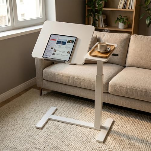 Haotian Overbed Table with Wheels, Adjustable Height Bedside Table with Tilting Desktop, Rolling Laptop Table with Side Shelf, Over Bed Table for Sofa, Bed, Home Office, White DJ-FWT002 - color: White