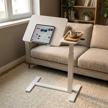 Haotian Overbed Table with Wheels, Adjustable Height Bedside Table with Tilting Desktop, Rolling Laptop Table with Side Shelf, Over Bed Table for Sofa, Bed, Home Office, White DJ-FWT002 - color: White