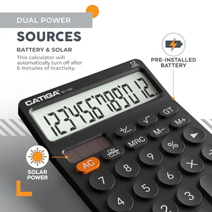 CATIGA 12 Digit Desktop Calculator with Large LCD Display, 4 Funtions Calculator, Round Design Big Button, Solar and Battery Dual Power, Standard Function for Office, Home, School, SD-1292 - color: 2.1) Black