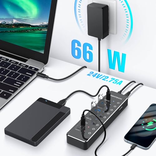 RSHTECH 10-Port Powered USB C Hub 66W with 3x10Gbps USB-3.2 Data Ports (2C + 1A), 4 USB 3.0 Ports (2C + 2A), 2 USB-C PD 45W Charging Ports and PD 100W, USB Expander Splitter for Laptop, RSH-ST10P