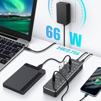 RSHTECH 10-Port Powered USB C Hub 66W with 3x10Gbps USB-3.2 Data Ports (2C + 1A), 4 USB 3.0 Ports (2C + 2A), 2 USB-C PD 45W Charging Ports and PD 100W, USB Expander Splitter for Laptop, RSH-ST10P