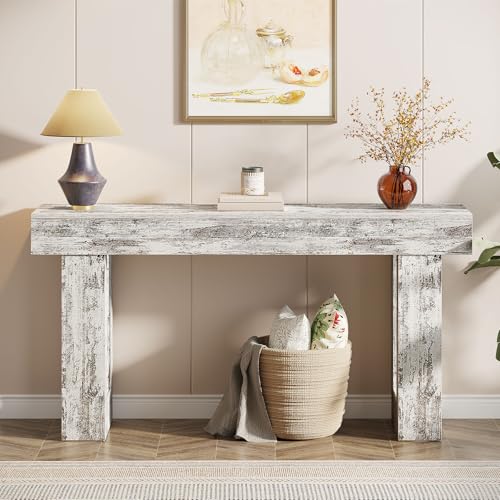 Tribesigns 63-Inch Long Console Table, Wooden Rectangular Sofa Table Behind The Couch, Farmhouse Entryway Table for Entrance, Hallway, Living Room (Distressed White) - color: Distressed White (63")