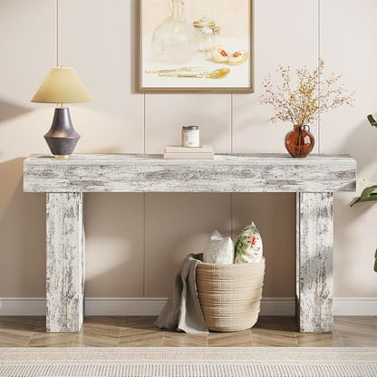 Tribesigns 63-Inch Long Console Table, Wooden Rectangular Sofa Table Behind The Couch, Farmhouse Entryway Table for Entrance, Hallway, Living Room (Distressed White) - color: Distressed White (63")