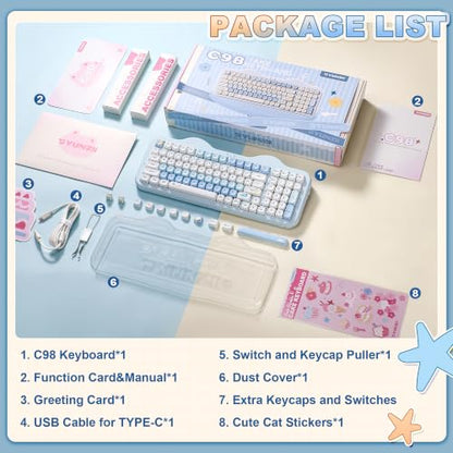 YUNZII C98 Wireless Mechanical Keyboard with Number Pad,98 Key BT5.0/2.4G/USB-C Hot Swap Gasket Mount with PBT MOA Keycaps,Custom RGB,Cute Cake Keyboard for Win/Mac (Blue, Milk V2 Linear Switch) - color: Blue, size: Milk V2 Linear Switch