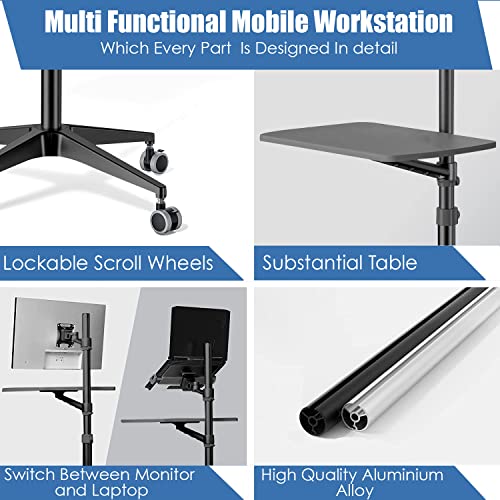Mobile Desk Workstation,Mulitiuse Rolling Laptop Floor Stand,34"-48.6" Height Adjustable,Compatible with 17"-27" Monitor&12"-17" Laptop,21"×14" Desk Board,Maxload 17.6lbs,4 Lockable Wheels