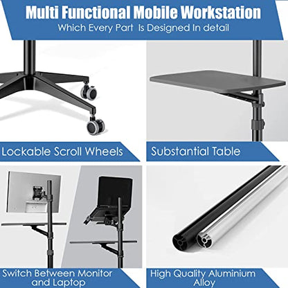Mobile Desk Workstation,Mulitiuse Rolling Laptop Floor Stand,34"-48.6" Height Adjustable,Compatible with 17"-27" Monitor&12"-17" Laptop,21"×14" Desk Board,Maxload 17.6lbs,4 Lockable Wheels