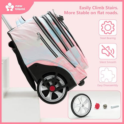 NEW TILAMI 20 Inch Rolling Backpack for School Stair-Climbing Big Wheel | Teen Boys Girls Carry-on Suitcase Large Organizer Compartment 15.6 Laptop Sleeve Adjustable Handle Roller Travel Bag College - color: Pink Dawn