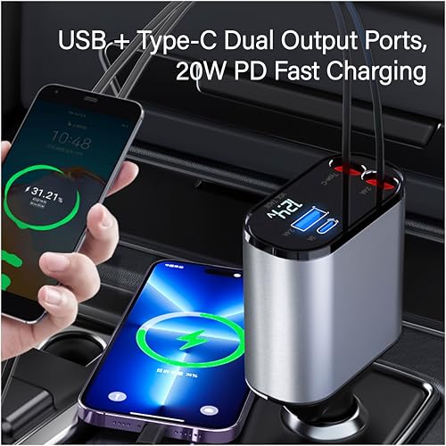 159W GaN 5-in-1 Retractable Car Charger, Dual Cig Lighter, 180° Adjust | Wide compatibility with cell phones, tablets and laptops for road travel power supply