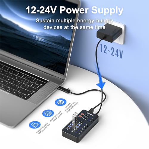 Powered USB Hub, SENTANK 14 Port USB 3.0 Hub Splitter (6 USB 3.0 Data Ports + 4 Fast Charging Ports) with Independent LED On/Off Switch, with 60W Power Adapter for Mac, PC