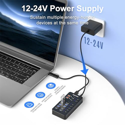 Powered USB Hub, SENTANK 14 Port USB 3.0 Hub Splitter (6 USB 3.0 Data Ports + 4 Fast Charging Ports) with Independent LED On/Off Switch, with 60W Power Adapter for Mac, PC