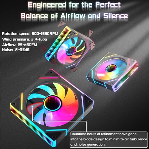 7 Pack ARGB Fans, 4 Forward Fan +3 Reverse Fans， Intelligent Temperature Control (PWM), Fan Speeds Up to 1550 RPM with 28 LED Lights,120 mm RGB Cooling，Black
