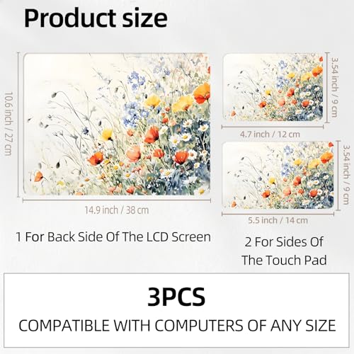 Aesthetic Pastel Wildflower Universal Laptop Skin Sticker 3PCS, Protective Decal Trim-to-Fit 11.6" 13.3" 14" 15.6" Laptop Vinyl Cover, Removable Anti-Scratch Computer Decal Protector - color: Aesthetic Pastel Wildflower