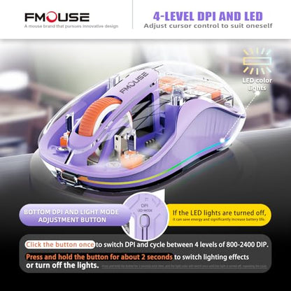 FMOUSE Transparent Wireless Mouse, Tri-Mode Bluetooth & 2.4GHz, Purple | USB-A & USB-C Receiver | Rechargeable | 3 Devices for MacBook Laptop iPad PC | Silent Clicks | Portable | RGB | 4-Level DPI - color: Purple