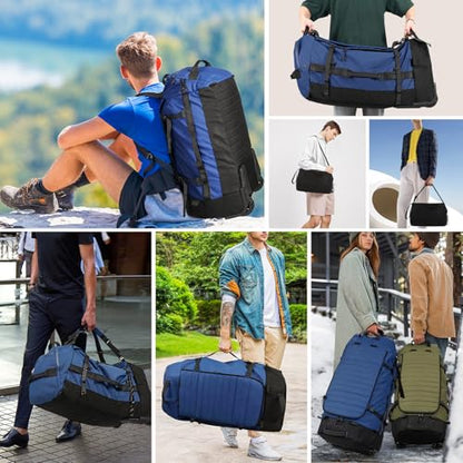 Vomgomfom 86L Collapsible Wheeled Duffle Bag Waterproof, Navy | Detachable Backpack Straps, Padded Laptop Sleeve, Quilted Reinforced Base, U-Shape Mesh Pocket, Shoe Compartment - color: Navy