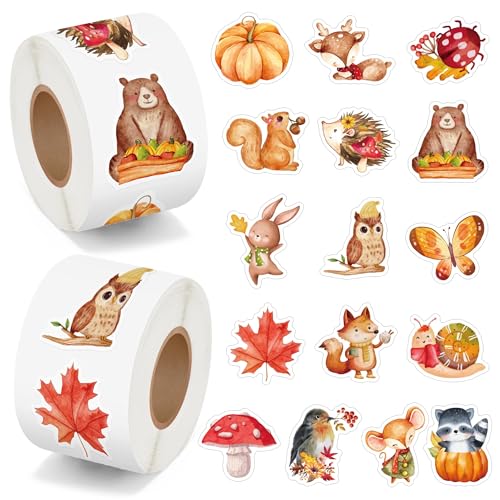 Haooryx Fall Animal Sticker Rolls - 1000Pcs Autumn Watercolor Forest Animal Stickers Self-Adhesive Vinyl Waterproof Thanksgiving Birthday Party Supplies Favor Gift Page Activity Pad Junk Journal Lover - style: Fall-Theme Animal 2Roll