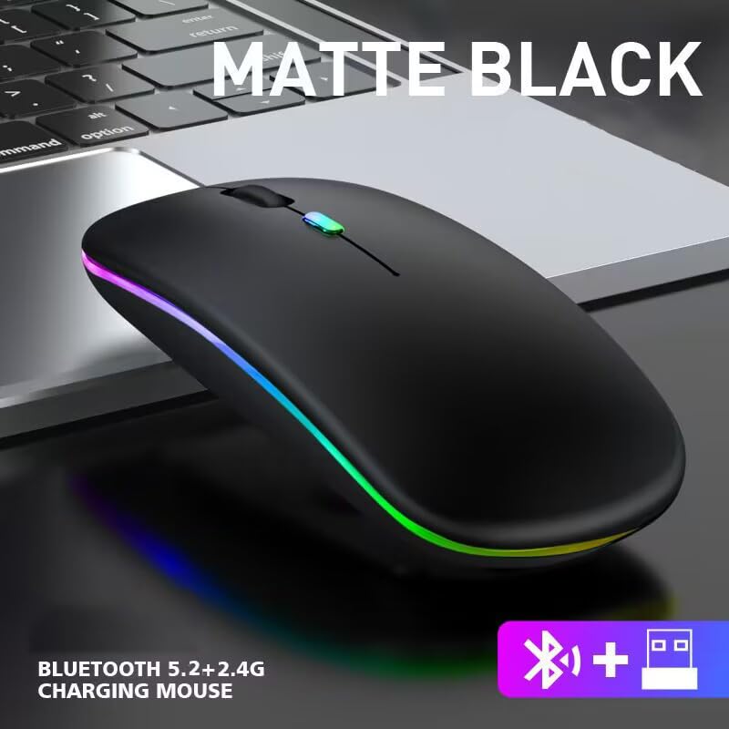 2 Pack Wireless Bluetooth Mouse,LED Dual Mode Rechargeable Silent Slim Laptop Mouse,Portable(BT5.2+USB Receiver) Dual Mode Computer Mice,for Laptop,Desktop Computer,Tablet,Phone,TV (Black+Grey) - color: 2 pack Black+Grey