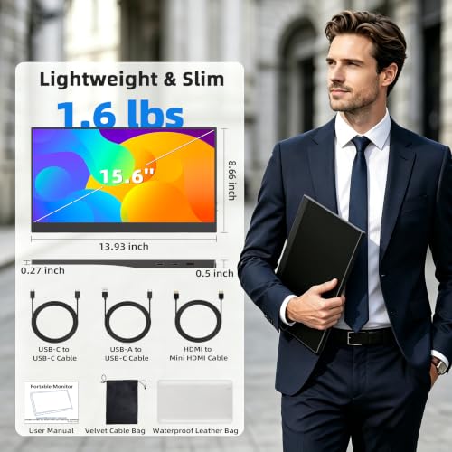 15.6'' Portable Monitor Touchscreen 10 Point 1080P IPS External Touchscreen Monitor for Laptop, USB-C HDMI Second Portable Screen Travel Monitor with 2 Speakers VESA for Mac Window PC Phone PS5（Touch）