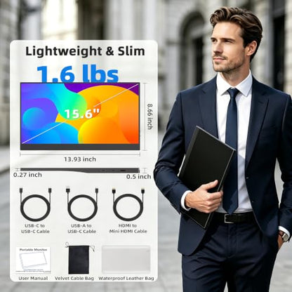 15.6'' Portable Monitor Touchscreen 10 Point 1080P IPS External Touchscreen Monitor for Laptop, USB-C HDMI Second Portable Screen Travel Monitor with 2 Speakers VESA for Mac Window PC Phone PS5（Touch）