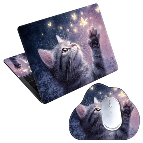Laptop Skin Sticker Decal 15-15.6 Inch with Cute Mouse Pad, Universal Reusable Vinyl Sticker for 12.1 13 13.3 14 15.4 Inch Netbook and Notebook PC, Cute Cat Butterflies - color: Cute Cat Butterflies