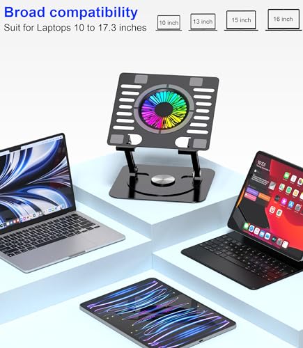 Laptop Stand,with 360°Rotating Base,External Cooling Fan,Adjustable RGB Lighting,Ergonomic Foldable Notebook Computer Holder.Compatible with All 10-17" Laptops Tablets,Black - color: Black