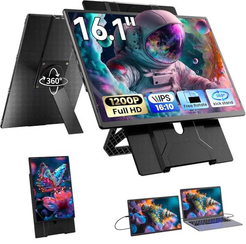 Blackview 16.1" Portable Monitor for Laptop, 1200P FHD Laptop Monitor Extender, 360° Rotating Detachable Magnetic Stand, Plug & Play with HDMI/USB-A/Type-C, Extra Screen for Windows/Mac/Linux/Android - size: 16"