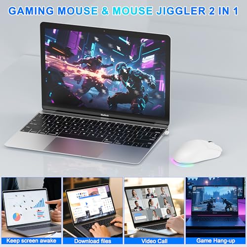 Bluetooth Wireless Gaming Mouse for MacBook Air PC iPad Pro, Ergonomic Rechargeable Laptop Mice with Jiggler Mode, 8000DPI RGB Computer Mouse Wired/Bluetooth 5.3/2.4G USB 3 Mode Connect - White
