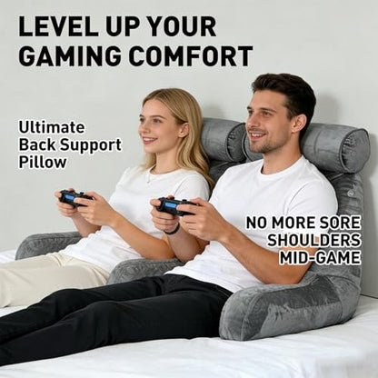 Reading Pillow for Adults Sitting‑Up in Bed, Backrest with Arms | Detachable Neck‑Cushion; Shredded Memory‑Foam; Side Pockets; Washable Velvet Cover; Gaming & TV, Sofa Use - color: Dark Grey