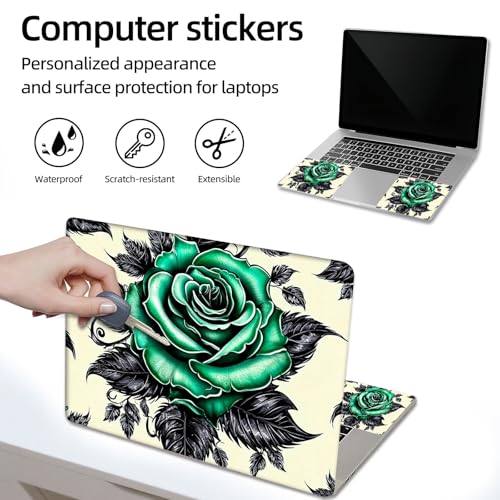Aesthetic Laptop Skin Sticker, Green Rose with Black Leaves Waterproof Vinyl Laptop Decal, Removable Bubble Free, Reusable Protective Cover for 13 14 15 15.6 Inch - color: Green Rose with Black Leaves
