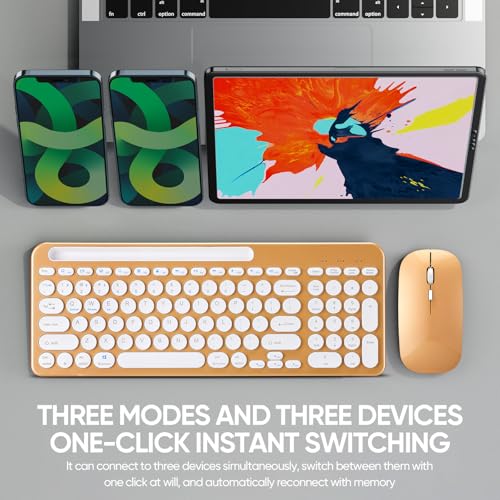 Wireless Keyboard and Mouse Combo with Phone Tablet Holder, Rechargeable Dual-Mode (Bluetooth 5.0 and 3.0 +2.4G) Multi-Device Silent Mouse for Windows, iPad, Tablet, MacOS,iOS,Android (Gold) - color: gold