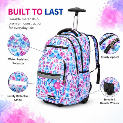Heavy Duty Rolling Backpack School Bookbag with Wheels Deluxe Wheeled Daypack - color: Pastel
