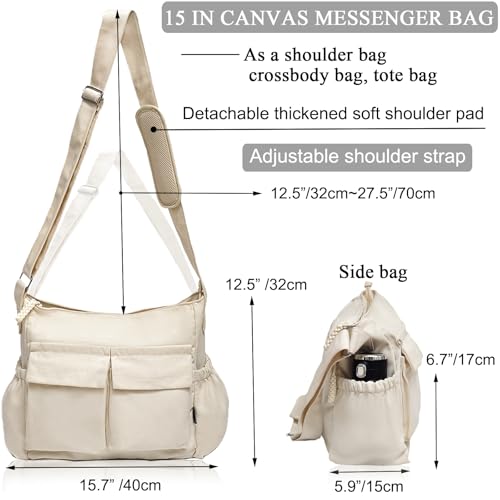 High Density Canvas Messenger Bag for Men/Women, 15” Large Crossbody Shoulder Bag Tote Bag for College/Travel/Work Daily Use | High Density Canvas - color: Beige