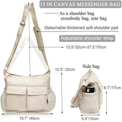 High Density Canvas Messenger Bag for Men/Women, 15” Large Crossbody Shoulder Bag Tote Bag for College/Travel/Work Daily Use | High Density Canvas - color: Beige
