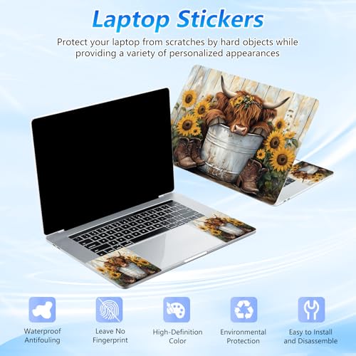 Universal Laptop Skin Sticker Decal with 2 Wrist Pad Skins, Waterproof Scratch Vinyl Cover for 11–15.6 Inch MacBook, HP, Dell, Lenovo, Cutable & Reusable,Highland Cow Sunflower - color: Highland Cow Sunflower