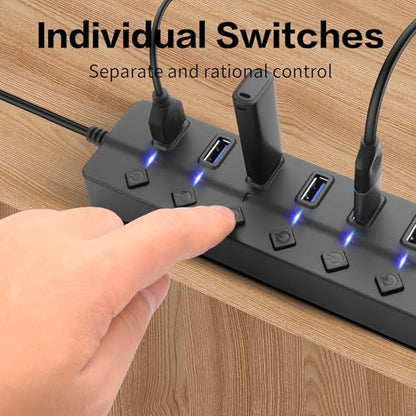 90 Degree USB Hub Splitter YACSEJAO USB 2.0 Data Hub with Individual LED Button On/Off Switch DC5.5 * 2.1 Power Port for Laptop,PC Computer (7 Ports, 1M) - size: 1M, style: 7 Ports