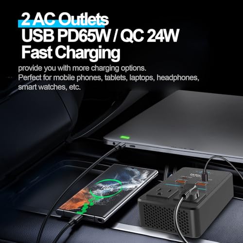 300W Car Power Inverter 12V to 110V Car Outlet Adapter | 65W USB-C Fast Charging for Laptops, LED Display.