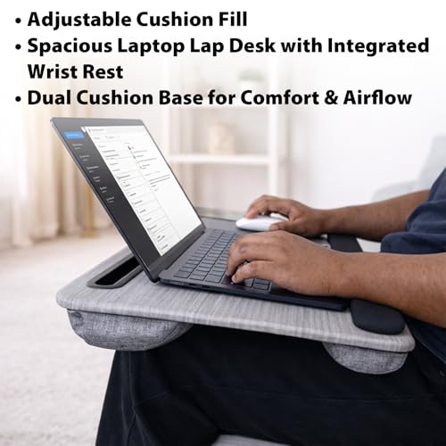 Cyberguys Comfort Lap Desk for Laptop up to 15.6 in – Black with Charcoal | Grey Wood Overlay with Mouse Pad, Phone & Tablet Slot, Dual Cushion Base, Wrist Rest & Carry Handle for Bed Desk Couch Sofa - color: Black With Charcoal Grey Wood Overlay