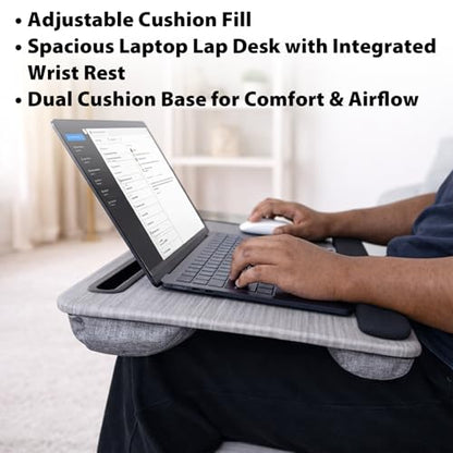 Cyberguys Comfort Lap Desk for Laptop up to 15.6 in – Black with Charcoal | Grey Wood Overlay with Mouse Pad, Phone & Tablet Slot, Dual Cushion Base, Wrist Rest & Carry Handle for Bed Desk Couch Sofa - color: Black With Charcoal Grey Wood Overlay