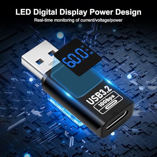 USB 3.2 Digital Display USB A Male to USB-C Female OTG Adapter 10Gbps (2 Pack), Real-time Power Monitoring, Up to 60W Fast Charging Compatible with Laptop, Power Bank and More USB-A Devices - style: AY-Am-Cf-dd-bk